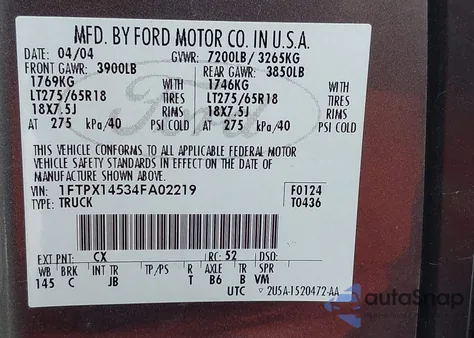 2004 Ford F-150 Fx4/Lariat/Xl/Xlt z USA, uszkodzony, nr VIN 1FTPX14534FA02219